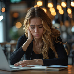 A young woman sits at her desk, visibly stressed as she works on her laptop in a modern office setting.  frustration and exhaustion often associated with deadlines, work pressure, or burnout