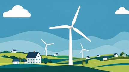 Wall Mural - Wind farm, turbine in the field, green energy concept, flat illustration, rural landscape, houses