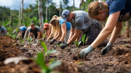 a diverse group of volunteers is actively planting young trees in a deforested area, contributing to