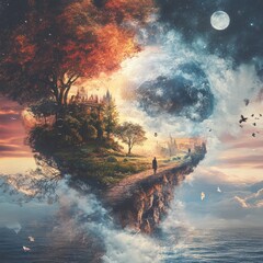 Wall Mural - A surreal landscape with a heart-shaped island, a castle, a path, and a figure walking towards the moon.