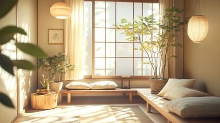 Poster - A tranquil reading nook in a Japanese minimalist setting features soft cushions and warm lighting, creating a cozy atmosphere with natural elements