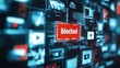 © alisluch - Digital screen with multiple media icons and a 'blocked' sign in red, symbolizing internet censorship, restricted content, or access denial