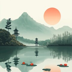 Canvas Print - A traditional Japanese pagoda stands on a calm lake surrounded by mountains and a red sun.