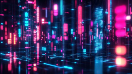 Digital data stream with glowing binary code in blue and orange colors, creating a sense of fast-paced technology. Concept: Data transmission and coding.