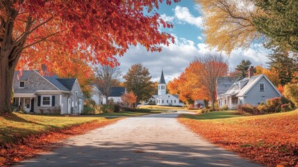 A picturesque New England village comes alive in autumn, featuring trees bursting with red, orange, and yellow leaves that create a stunning canopy over the quiet streets