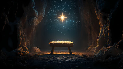 empty wooden manger in cave with shining star of bethlehem christian nativity scene illustration. gl
