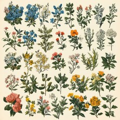 Canvas Print - A vintage botanical illustration featuring a collection of 36 different flowering plants, each with detailed illustrations of their leaves, stems, and flowers.