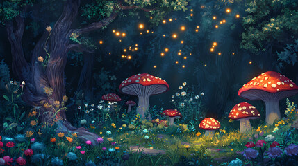 enchanting 2d fairy glade with twinkling fireflies and magical toadstools. 2d style. magical glade. 