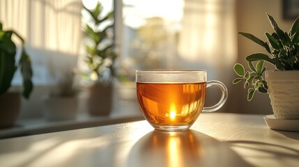 Sticker - A warm cup of tea illuminated by sunlight in a cozy indoor setting.