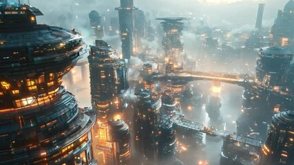 Aufkleber - A vibrant futuristic city awakens at dawn, featuring towering skyscrapers and illuminated bridges surrounded by a layer of mist and glowing lights.