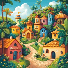 Canvas Print - A whimsical village nestled amongst lush greenery, featuring colorful houses with thatched roofs and winding paths.