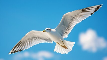 A white seagull with black wing tips soars against a clear blue sky with fluffy white clouds.