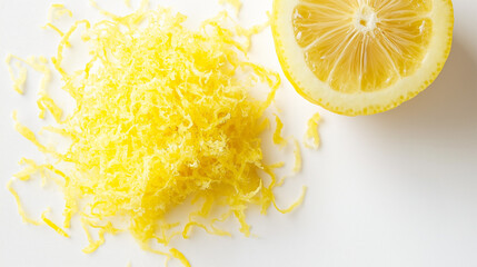 Wall Mural - a close-up, top-down view featuring lemon zest elegantly arranged in a small, fragrant pile on a clean white surface