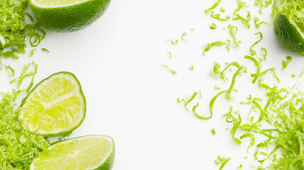 Wall Mural - a close-up, top-down view featuring lime zest neatly gathered into a small pile on a clean white background