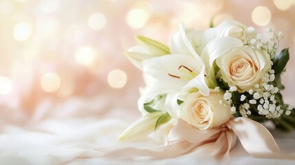 Aufkleber - A beautiful arrangement of white roses and lilies rests softly tied with a silk ribbon, creating an elegant display on a pastel backdrop. Generative AI