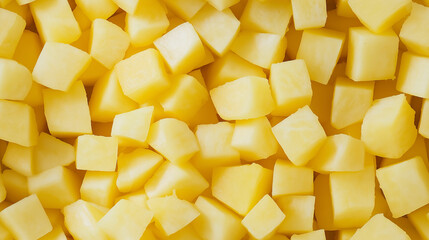 Wall Mural - a close-up, top-down view of diced potatoes spread across the entire frame, filling the image with their pale yellow color and uniform cubes