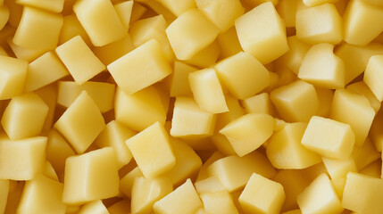 Wall Mural - a close-up, top-down view of diced potatoes spread across the entire frame, filling the image with their pale yellow color and uniform cubes