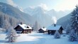 © Endry Creator - Generative AI, a snowy mountain scene with a cabin in the foreground and a mountain range in the background with snow on the ground, winter, a matte painting, german romanticism