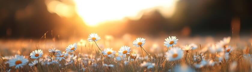 A serene field of wildflowers illuminated by the warm glow of a sunrise, creating a peaceful and picturesque landscape.