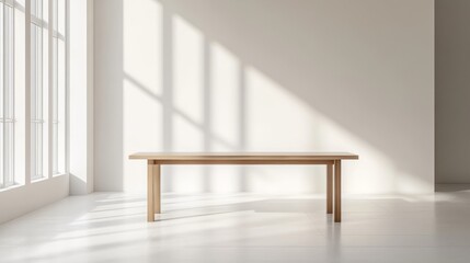 Poster - In a spacious and empty white room, a simple wooden table is positioned centrally, illuminated by soft daylight filtering through tall windows, creating a serene ambiance