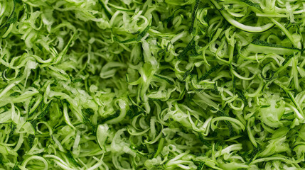 a close-up, top-down view of shredded zucchini spread across the entire frame, filling the image with its vibrant green color and fine, delicate texture