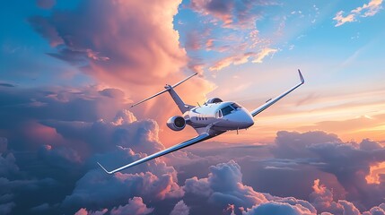 A sleek private jet soaring through vibrant clouds at sunset, symbolizing luxury travel.