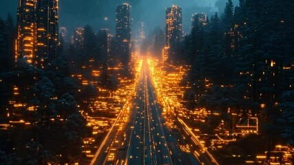 Aufkleber - The setting features a highway cutting through a futuristic cityscape, surrounded by towering skyscrapers adorned with glowing lights amidst dense trees at dusk.