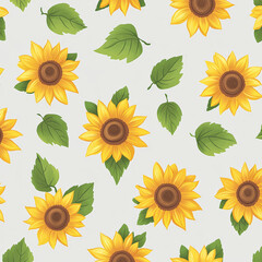 Wall Mural - A pattern of small flat sunflowers with bright yellow petals and green leaves, scattered on a light grey background, creating a cheerful and modern design.