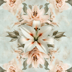 Wall Mural - A soft-toned floral design featuring detailed lilies and roses in shades of blush and cream, with subtle mint green leaves, arranged in a symmetrical, elegant pattern.
