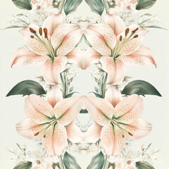 Wall Mural - A soft-toned floral design featuring detailed lilies and roses in shades of blush and cream, with subtle mint green leaves, arranged in a symmetrical, elegant pattern.
