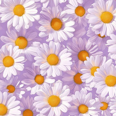 Wall Mural - Small flat daisies with white petals and yellow centers, arranged in a repeating pattern on a soft lavender background, creating a playful and light floral look.