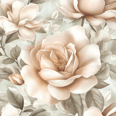 Wall Mural - Soft-tone roses and magnolias in shades of blush and cream, intricately detailed with light green leaves, creating a peaceful and refined floral design.