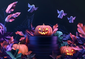 Halloween podium. Stand show and showcase with halloween concept. Stage With pumpkin for promo and discount. Happy halloween celebration holiday banner concepts.