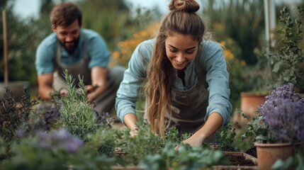 Canvas Print - A young woman smiles as she plants a seedling in a garden bed, with her partner working in the background.