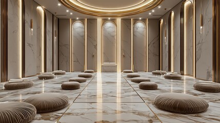 A luxurious meditation chamber with marble flooring, gold-trimmed walls, and plush velvet floor cushions Serene lighting and a peaceful atmosphere enhance the tranquil setting