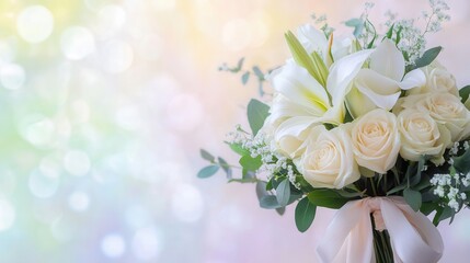Aufkleber - A beautiful bouquet featuring white roses and lilies elegantly tied with a silk ribbon, set against a gentle pastel backdrop. Generative AI