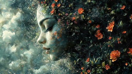 Canvas Print - Woman with Flowers in Her Hair: A Dreamlike Portrait