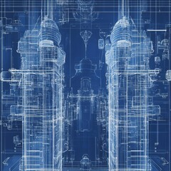 Abstract architectural blueprint with two towers and intricate details on a blue background.