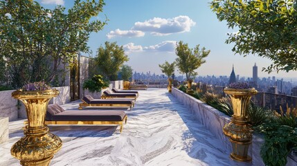 A luxurious rooftop garden with marble pathways, velvet loungers, and gold decorative urns Panoramic city views make it a perfect escape for evening relaxation