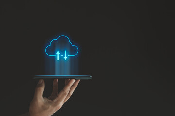 Wall Mural - Cloud technology computing concept. Hand showing tablet with cloud network computer connects to internet server service for cloud data transfer, abstract-cloud connection technology background.