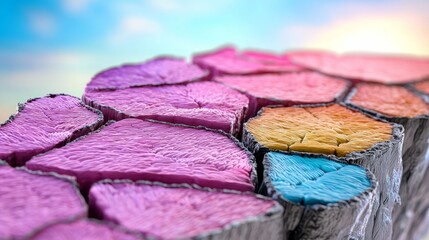 Abstract colorful wooden blocks against a blue sky.