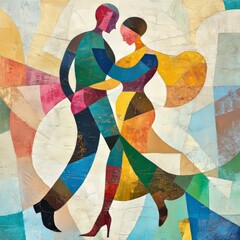 Abstract illustration of a couple dancing, with vibrant colors and geometric shapes.