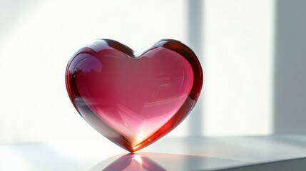 Poster - A glossy heart-shaped frame rests on a table, exhibiting a smooth gradient from deep red to pink. Soft light enhances the elegant appearance of the decorative piece