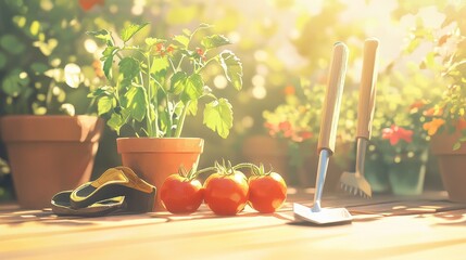 Wall Mural - Backyard Garden Harvest - Fresh Tomatoes and Herbs in the Sunlight