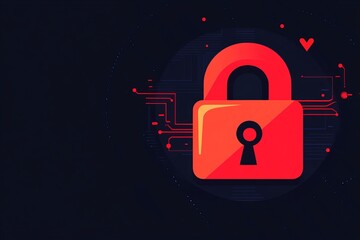 Sticker - Red padlock surrounded by abstract circuit lines and a dark background symbolizing network encryption cybersecurity and data protection in a futuristic digital environment