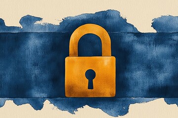 Poster - Yellow lock over a textured blue and beige background symbolizing digital encryption privacy and data protection in a minimalist abstract design