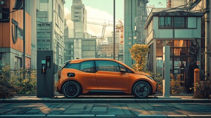 Naklejka na meble Electric Car Charging at Station - Green Energy Future