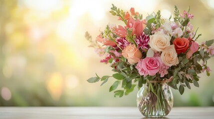 Poster - A stunning arrangement of mixed flowers in a glass vase rests on a light wooden table, radiating color and freshness in a peaceful environment. Generative AI