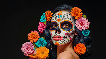 Portrait of a woman wearing day of the dead mexican skull costume, Cinco de Mayo and Dia de los muertos, Holiday of the dead. Mexican Halloween. Sugar skull makeup and flowers. Beautiful woman.