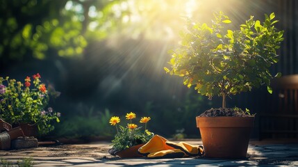 Poster - Tranquil Backyard Garden with Potted Plant and Sunlight